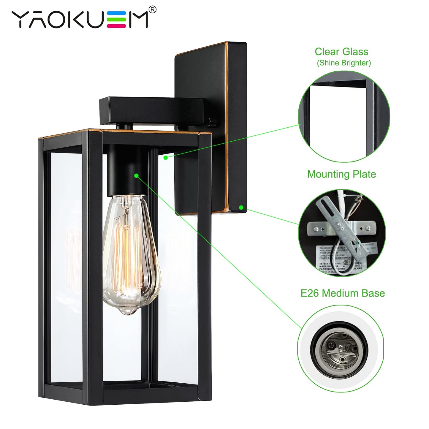 YaoKuem Outdoor Wall Lantern, E26 Medium Base, Metal & Glass, 13 inch, Oil Rubbed Bronze Finish, Model YK-WL007-ORB-1PK