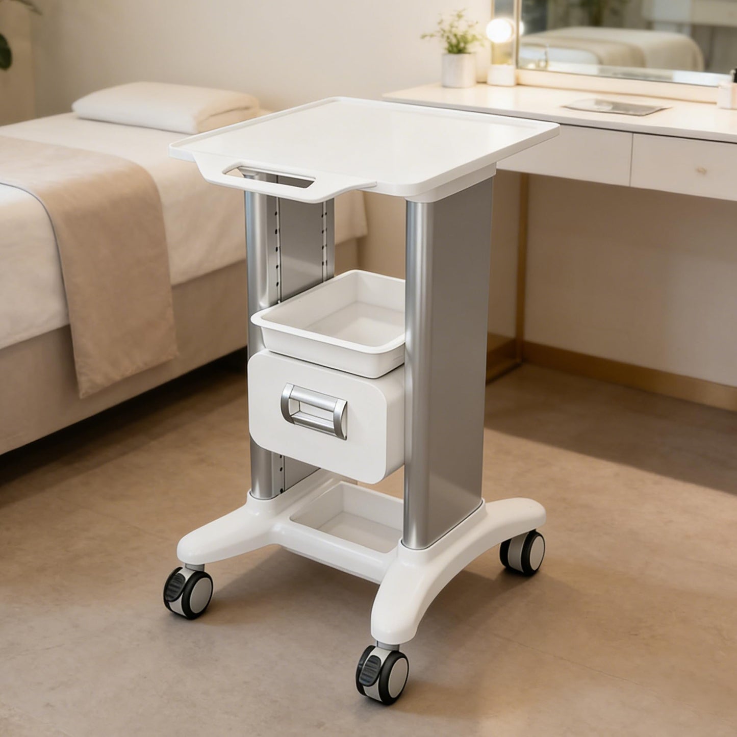 Medical Trolley Cart Mobile with Drawers, Hospital Ultrasound Cart with 4 Silent Swivel Wheels, Portable Medical Trolley Carts, 225 LBS Load, for Beauty, Salon, Clinic and Lab (Silver, Single Drawer)