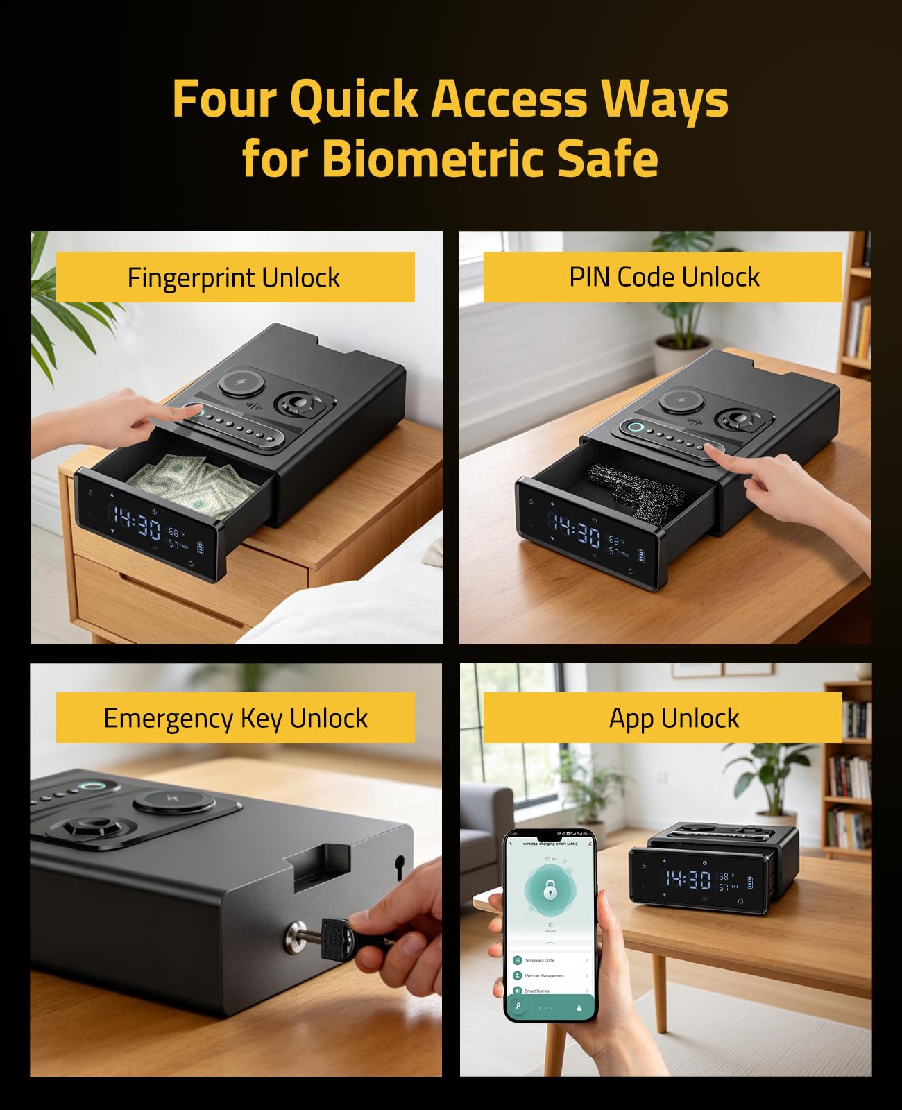 CVLIFE Biometric Gun Safe with 2-in-1 Watch & Phone Wireless Charging, 4 Quick Access Clock Handgun Safe, 24/7 Digital Clock, Pistol Safe with Adjustable Brightness and Volume, and Auto Pop-Up Access