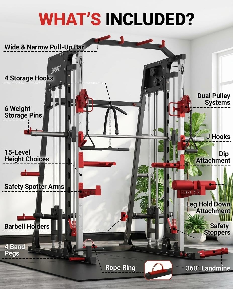 Smith Machine Home Gym All-in-1, 2200LBS Power Cage with Dual Cable Pulley Systems, LAT Pull-Down & Leg Hold-Down | Complete Strength Training Equipment for Full Body Workouts