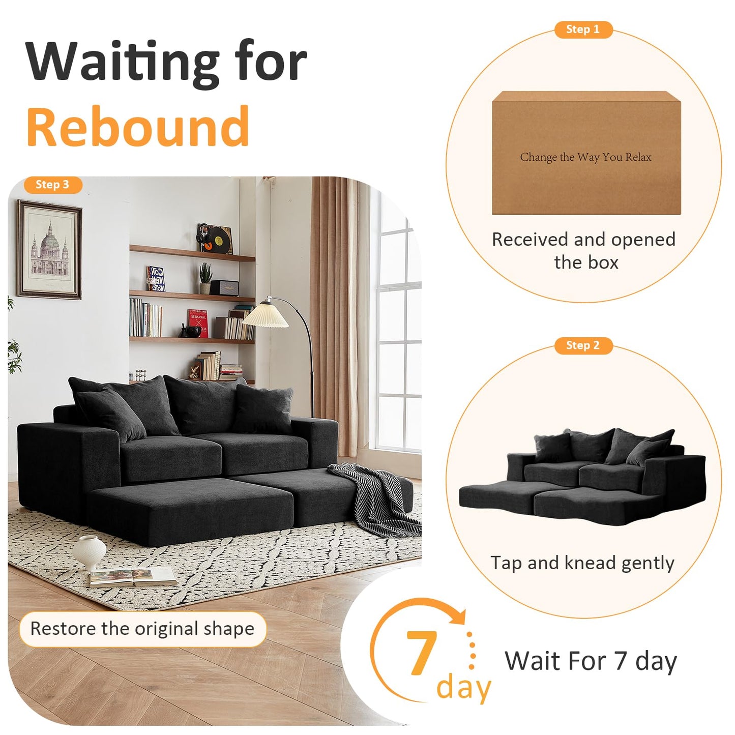 Modular Sectional Loveaeat Cloud Sofa, Boneless Couch with Non Slip Base, Cozy Sleeper Sofa for Customizable Living Spaces, Modern Modular Couch with L-Shape Chaise, Deep Seat & No Assembly, Black