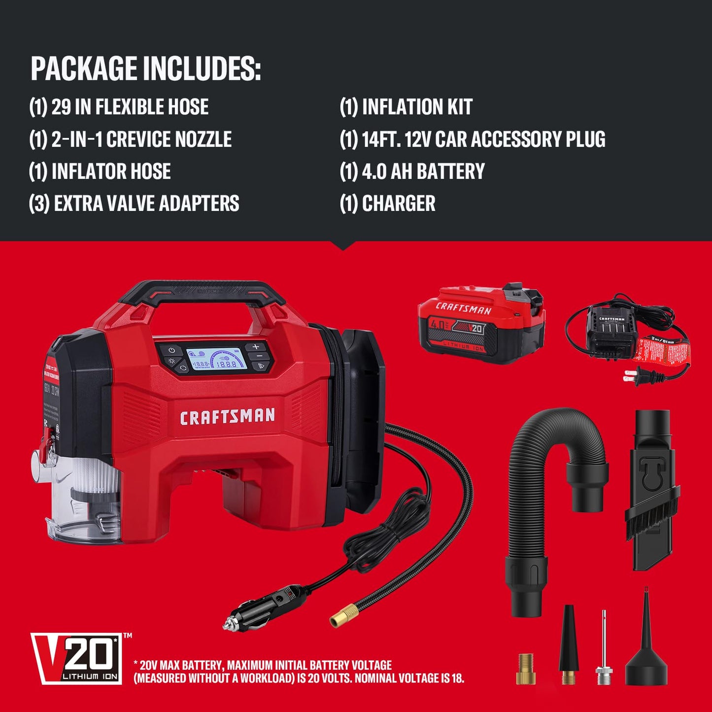 CRAFTSMAN 3-in-1 Cordless Portable Tire Inflator 160 PSI Air Compressor, 4.0Ah Battery & 12V Charger, Car Vacuum, Dust Blower & LED Light for Car, Bike, Ball, Inflatable Mat & SUP