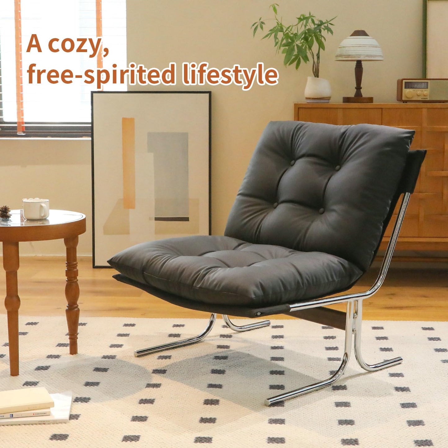 Modern Accent Chair Upholstered Lounge Chair with Chrome Metal Frame Oversized Comfy Armchair for Living Room Bedroom Home Office Reading Nook Wide Seat Sofa Chairs with Cushion Support, Black PU