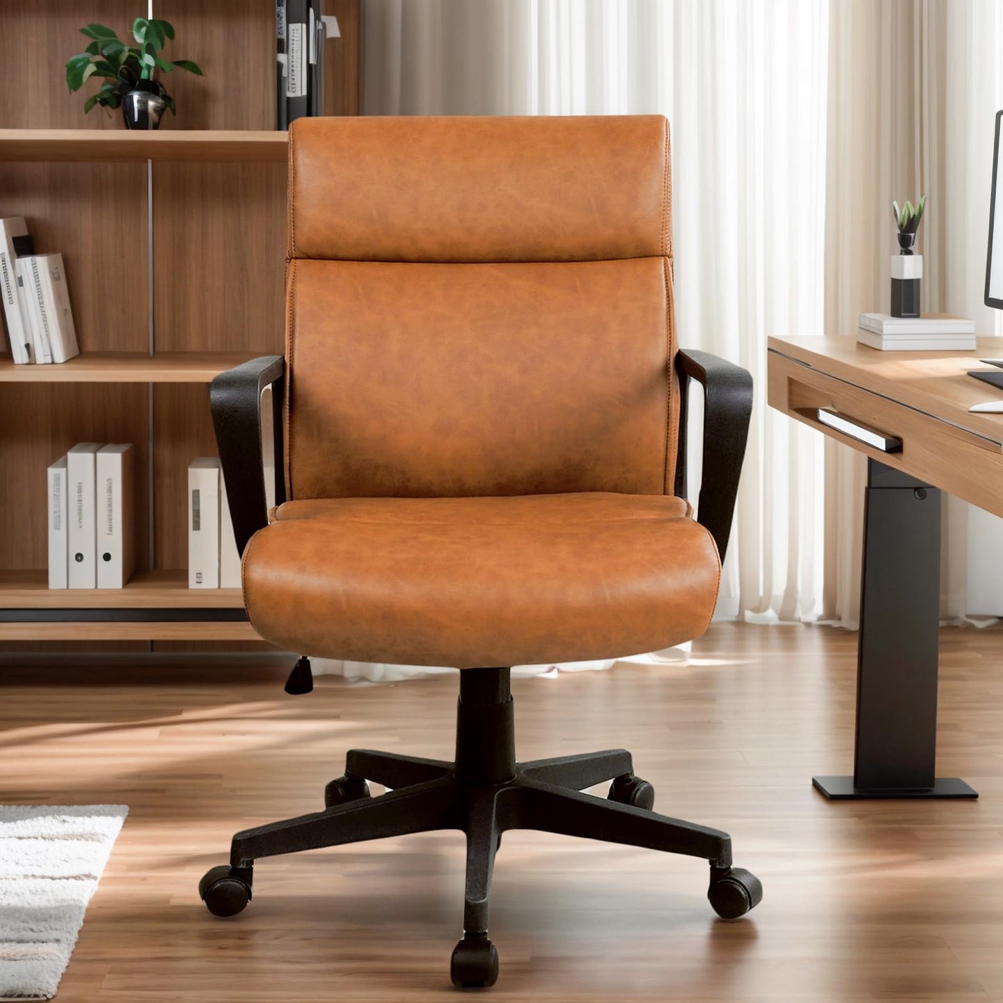 Artswish Brown Leather Office Chair, Mid-Back Ergonomic Computer Chair with Wheels Arms, 360° Swivel Adjustable Task Chair with Rolling Casters for Home Office, Bedroom, Study