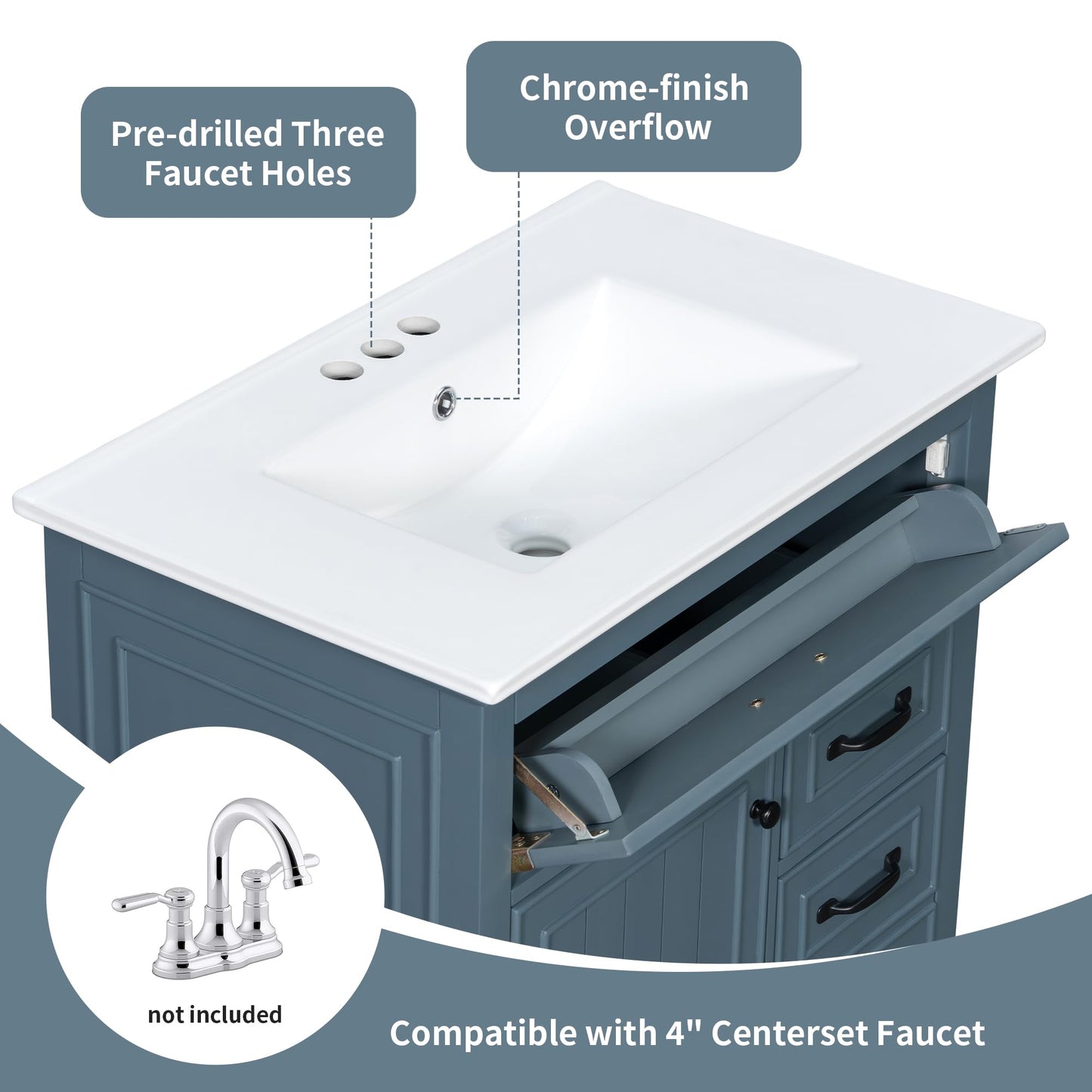Bathroom Vanity with Ceramic Sink Top Set 30inch, Cabinet with Two Tip-Out Drawers and Door Rack, Adjustable Shelf, Solid Wood Legs, Soft-Closing Door, Gray Blue