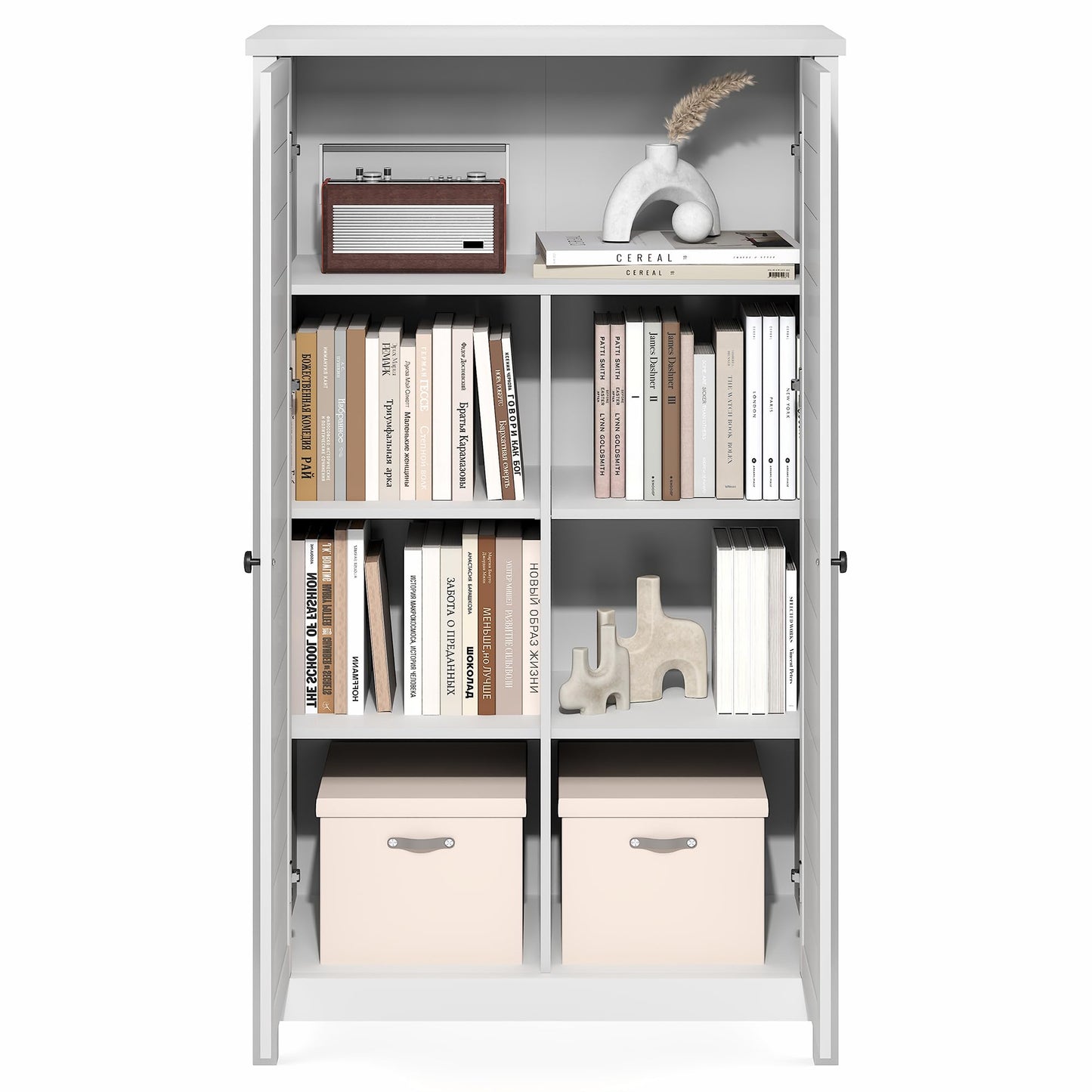 Furinno Robin Storage Cabinet, 4-Tier Pantry Cabinet with Adjustable Shelves, 35W with Louvered Doors, Kitchen Cabinet, Organization and Storage, for Pantry, Living Room, Home Office, White