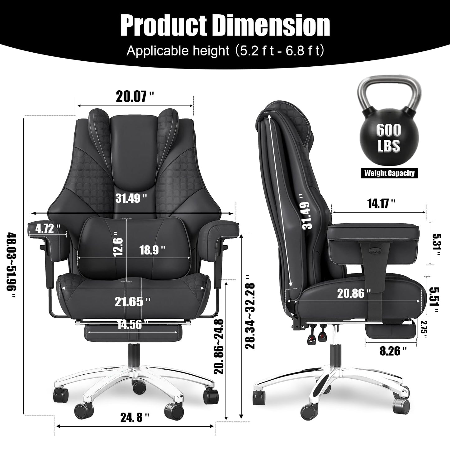 400lbs Big and Tall Office Chair, Wide Ergonomic Leather Executive Chair for Heavy People with Foot Rest, High-Back Reclining Computer Chair with Swivel Wheels and Lumbar Support (Black)