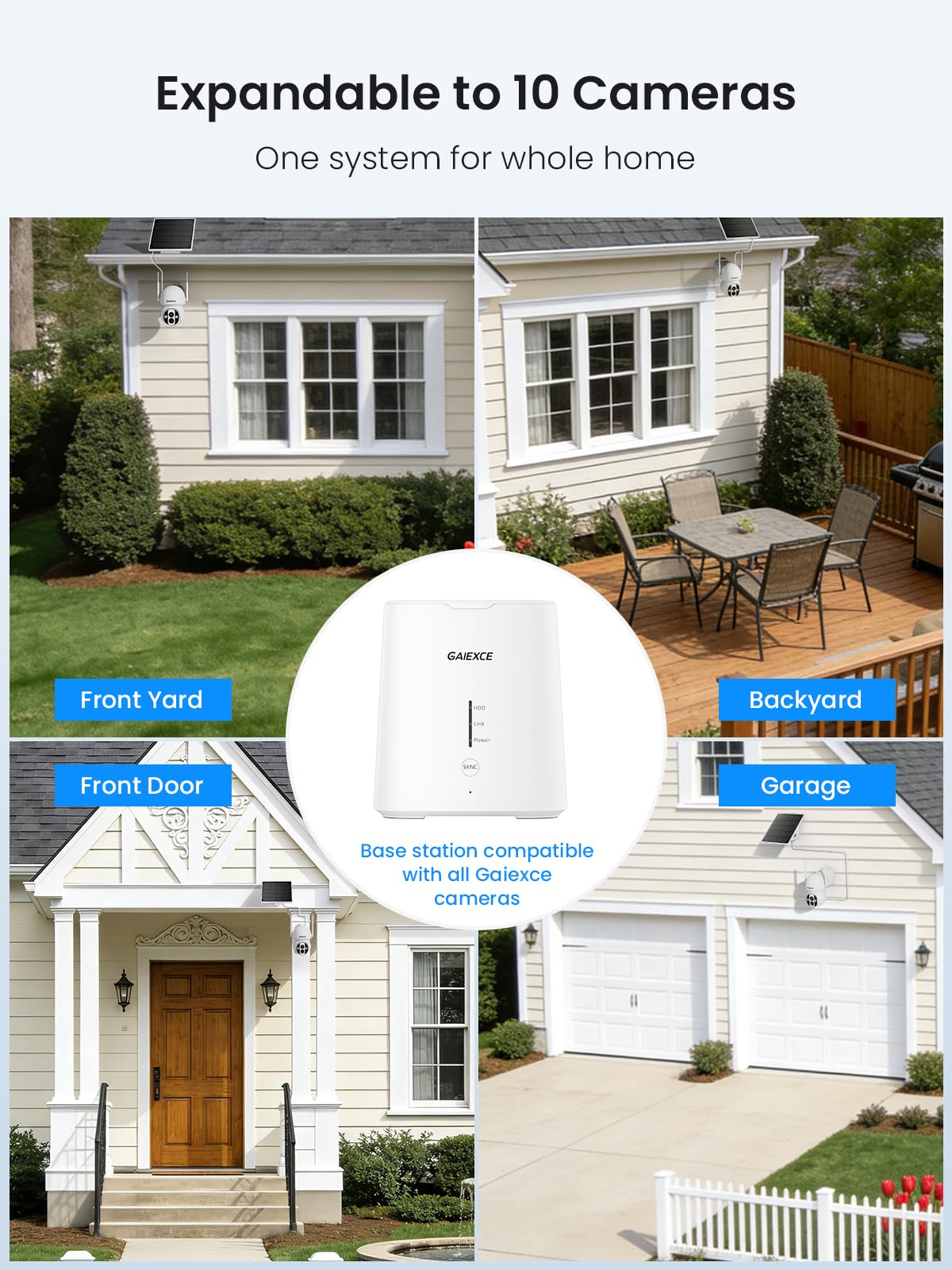 GAIEXCE Solar Cameras Outdoor Wireless, No Subscription, Expandable to 10CH, 4 Cam Kit, Home Security Camera System, 4MP Color Night Vision, 360° Pan&Tilt, Auto Tracking, 2.4G/5G WiFi, 64G SD Card