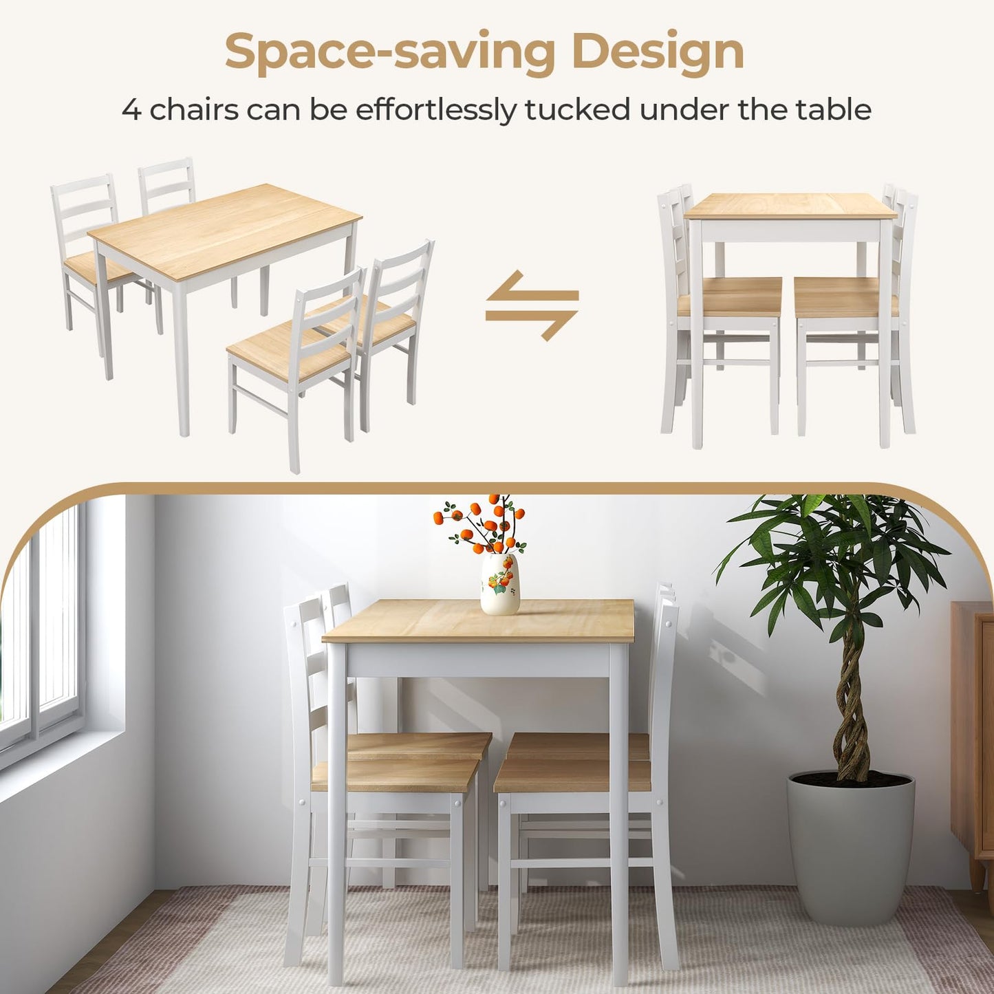 Tangkula Dining Table Set for 4, Solid Wood, Farmhouse Dinette Set w/Rubber Wood Legs, Compact Dining Table and Chairs Set for Kitchen, Dining Room (Natural+White)