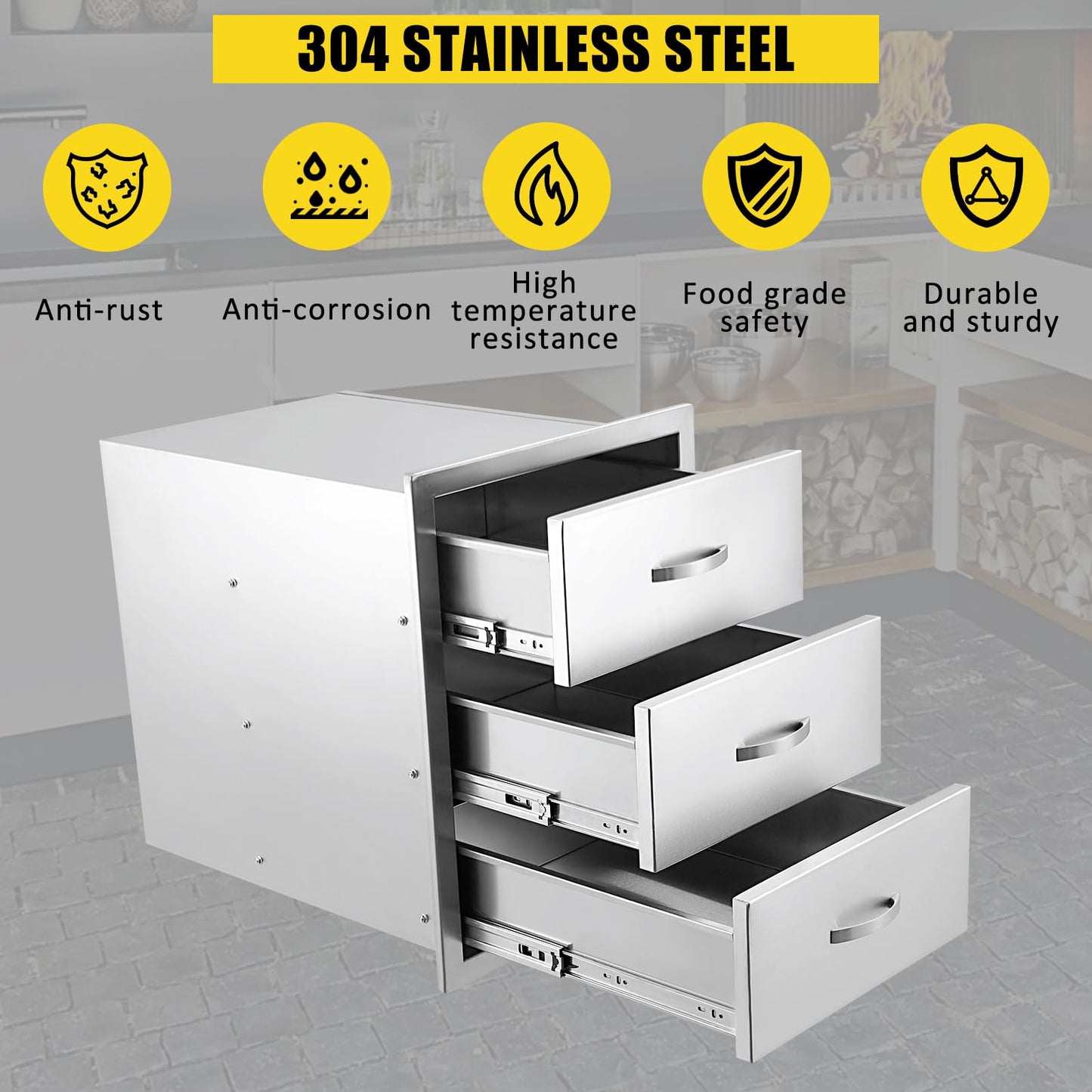 GarveeLife Outdoor Kitchen Drawers 18 in Wx 23 in H x 23 in D, Flush Mount BBQ 3-Layer Drawer Stainless Steel Kitchen Drawer Outdoor Kitchen Access Drawer for Outdoor Kitchen Island