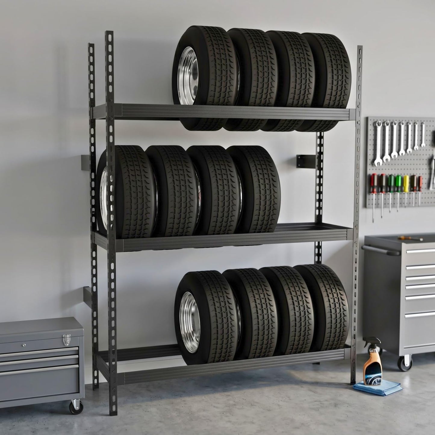 ZUIWAN Wall Mounted 3-Tier Tire Rack, 78" L x 59" H x 18" D Heavy Duty Adjustable Steel Storage Shelf, 2200LBS Capacity with Anti-Tip Kit