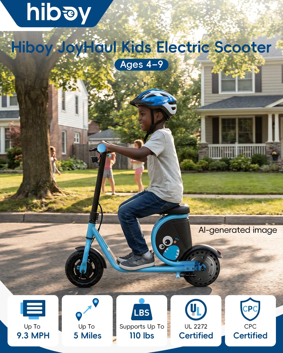 Hiboy JoyHaul Electric Scooter for Kids, Ages 4-10 – LED Neon Lights, 100W Brushless Motor, 56.16Wh Battery, Under-Seat Storage & Safety Brake, Blue
