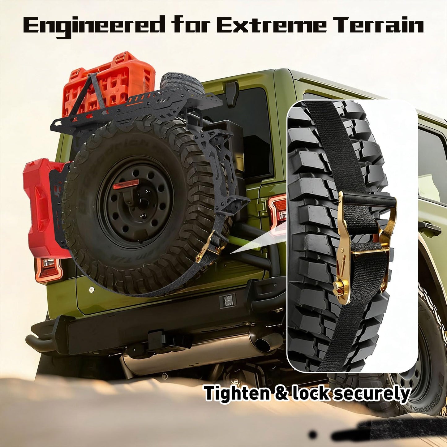 Universal Spare Tire Cargo Basket with Quick Release Spare Tire Mount Rack & Step Ladder | Fits 30"–40" Tires | 3-in-1 Off-Road Storage for SUVs & Jeeps | Compatible with Fuel Cans & Traction Boards