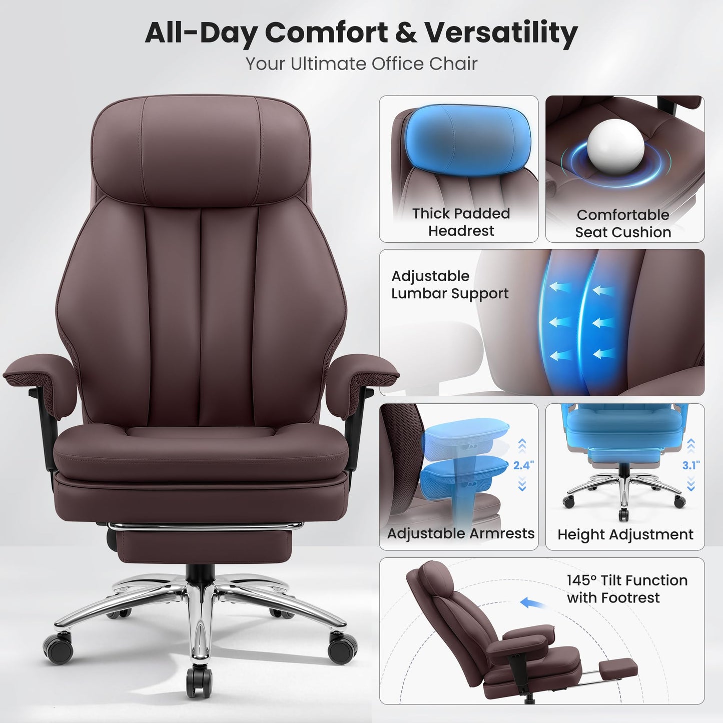 BestGlory Office Desk Chair with Inflatable Lumbar Support, Ergonomic Office Chair [Upgraded Double-Layer Cushion & Footrest], 400 LBS Big and Tall Computer Desk Chair for Home Office Gaming, Coffee