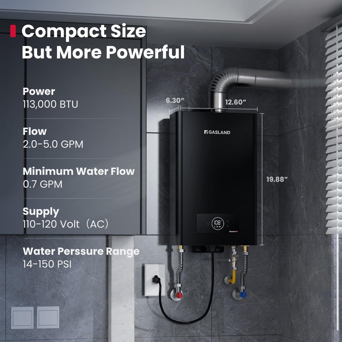 GASLAND Gasmart C 113,000 BTU Natural Gas Tankless Water Heater Indoor, Max 5 GPM On Demand Hot Water Heater with 3“ Exhaust Pipe, 120 Volt,Black