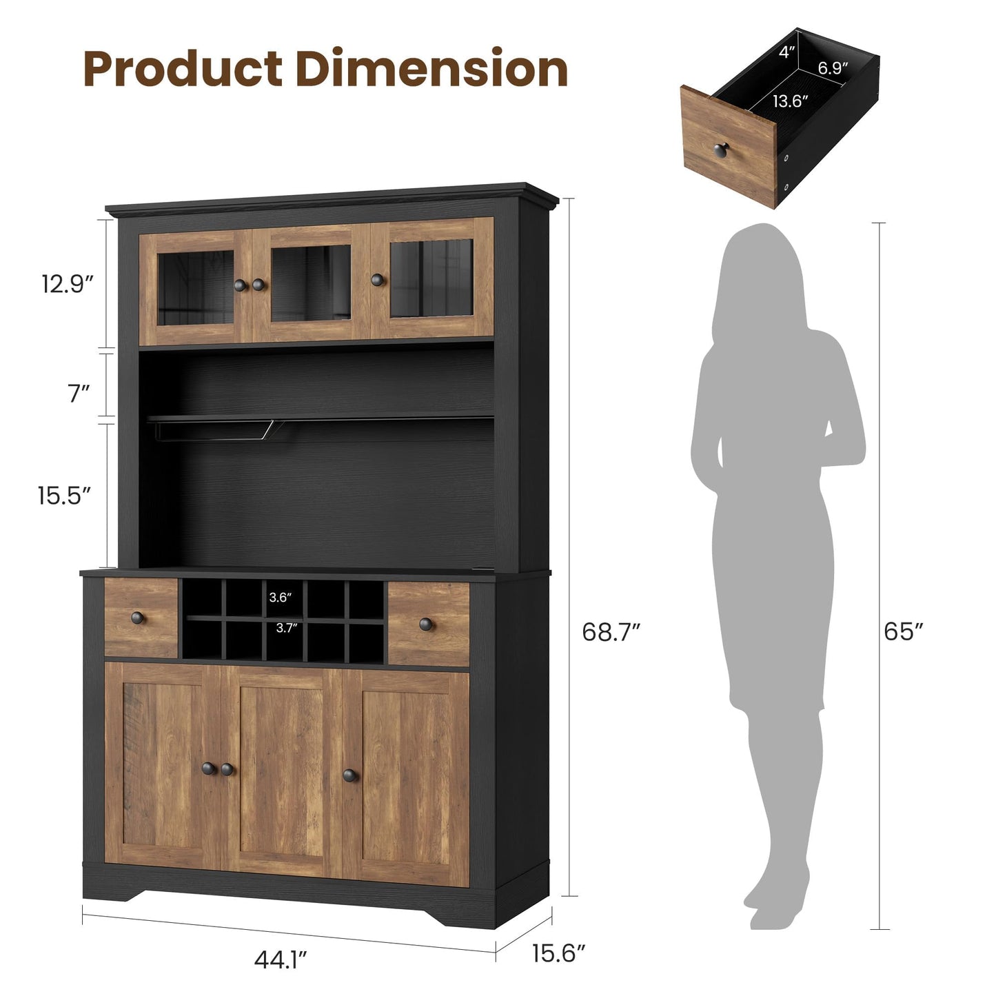 GAOMON 69" Pantry Cabinet with LED Light & Charging Station, Kitchen Pantry Storage Cabinet with Drawer & Adjustable Shelves, Coffee Bar Table for Kitchen Room, Living Room, Dining Room, Black