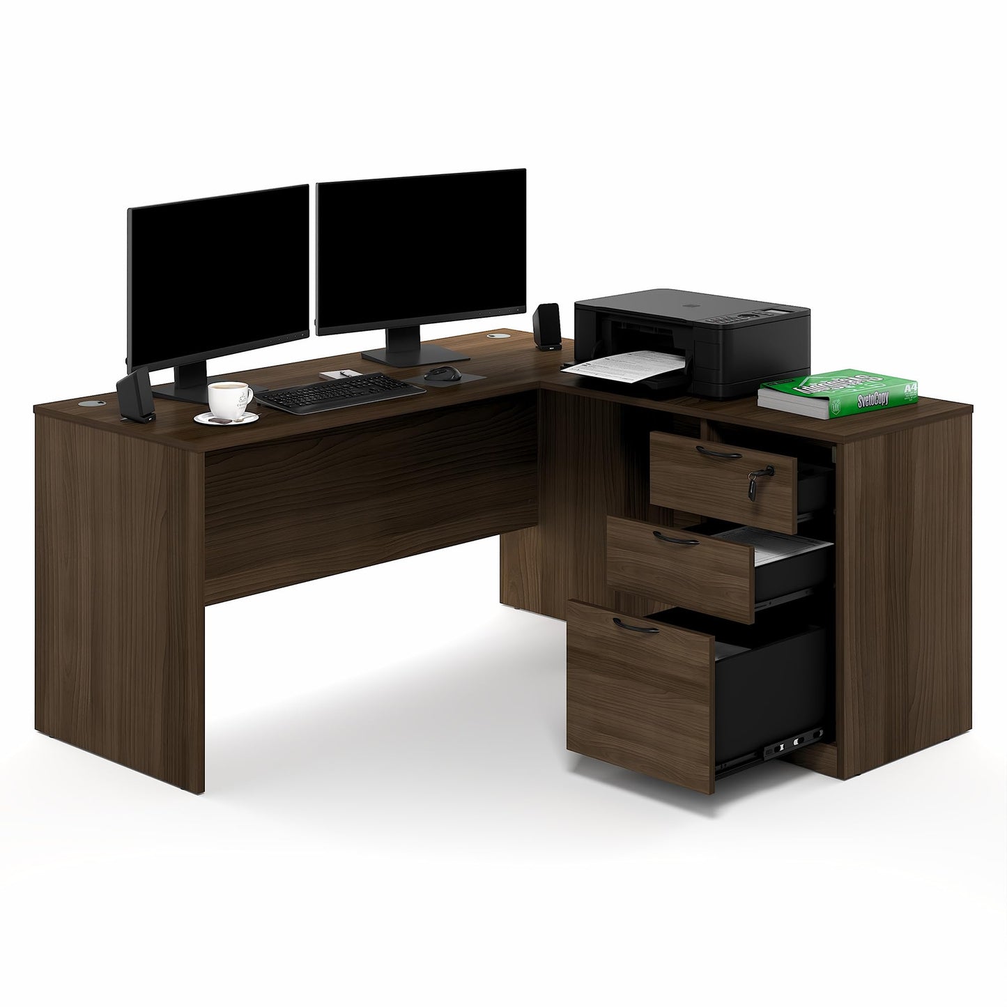 Furinno Roger 60 Inch L-Shaped Executive Desk with File Cabinet, L-Shaped Office Desk with 3-Drawer Fixed Pedestal Filing Cabinet, Desk Cord Grommet, for Home Office, Modern Walnut