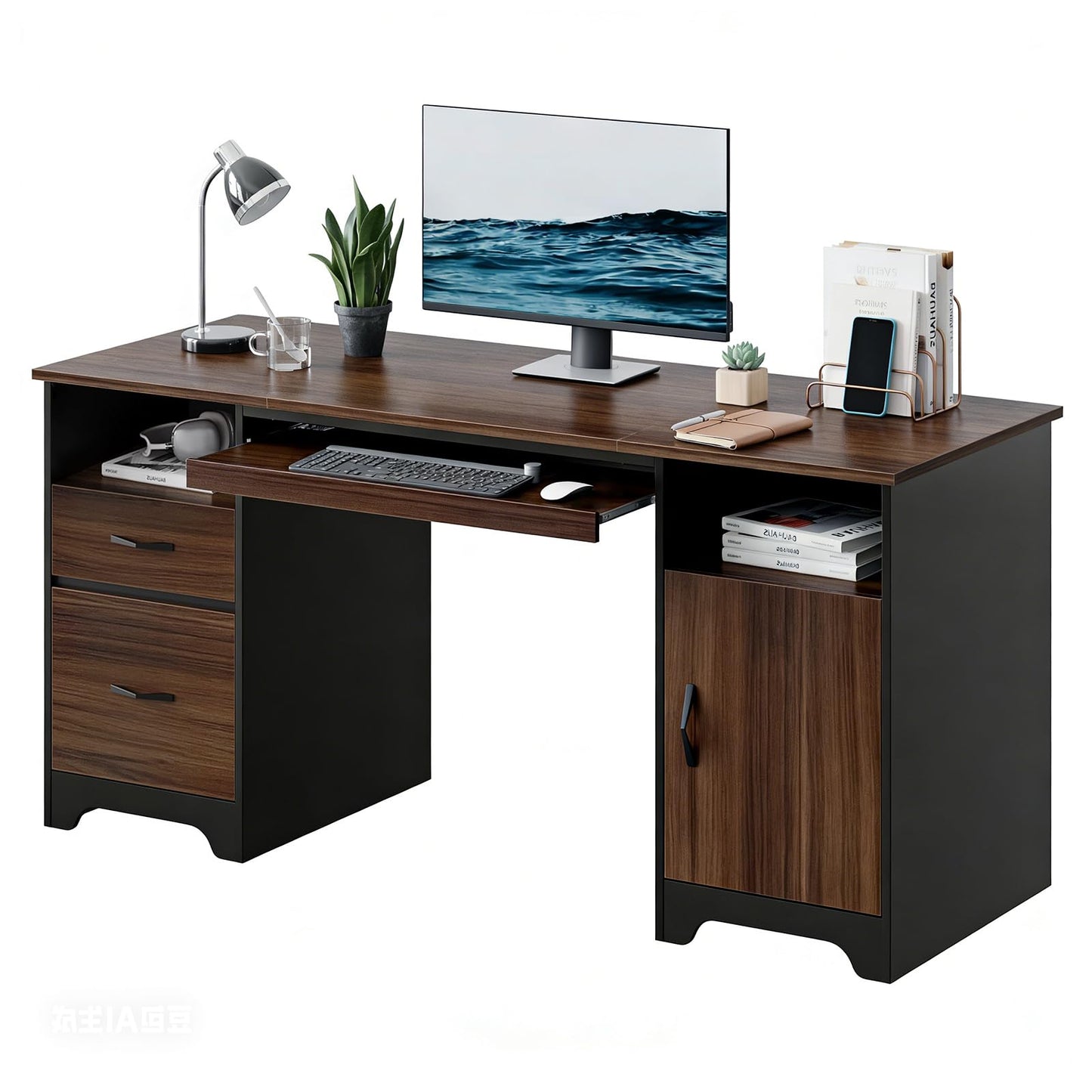 Bestier 59”Executive Desk with 2 Drawers,Computer Desk with Storage Cabinet,Industrial Wood Desk with File Drawer,Keyboard Tray & 2 Pedestals for Home Office & Studio,Cherry