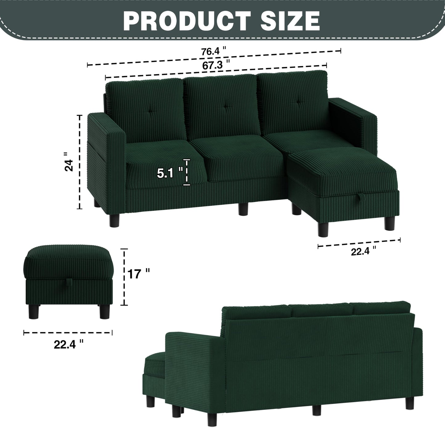 SUNLEI Convertible Sectional Sofa Couch, 3 Seat L-Shaped Sofa with Removable Ottoman Storage, L-Shaped Small Couch for Living Room, Olive Green