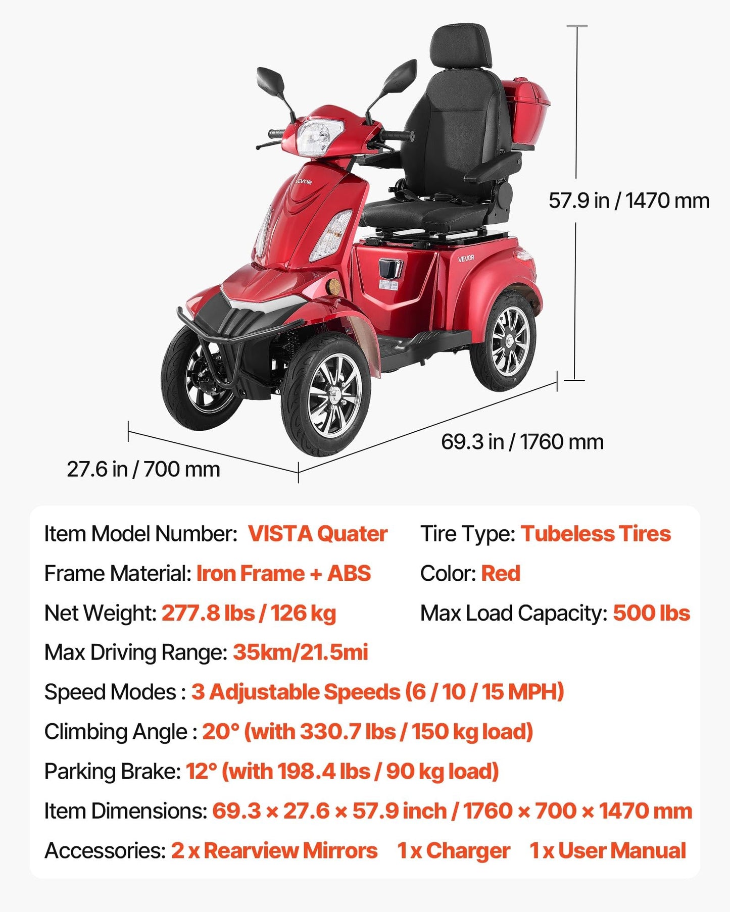 VEVOR Heavy Duty 4-Wheel Mobility Scooter, Powerful 1000W Brushless Motor, 500 lbs Capacity, 21.5 Miles Long Range, All Terrain Mobility Scooter with Lockable Trunk for Seniors & Adults