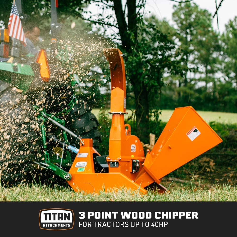 Titan Attachments 3 Point Wood Chipper, PTO Driven for Tractors up to 40HP, 25" Rotor Chips up to 4" Diameter Timber, Self-Feeding Chute, Adjustable Discharge, Shredder Mulcher with Reversible Blades