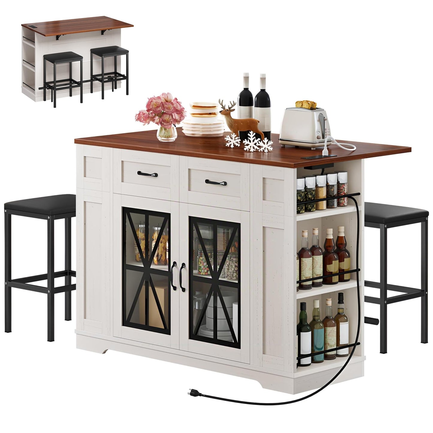YITAHOME Kitchen Island with Seating, 47 Inch Mobile Storage Island with Drop Leaf, Rolling Islands Table with Power Outlet & Spice Rack, 2 Upholstered Stools and Footrest, for Dining Room, Off White