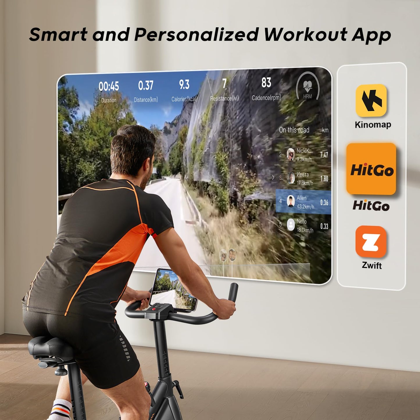 HitGo Exercise Bike, Magnetic Resistance/Brake Pad Stationary Bike with Exclusive App, 300lb Weight Capacity Indoor Bike with Soft Seat Cushion, Silent Belt Drive, Heavy Flywheel and LCD Monitor