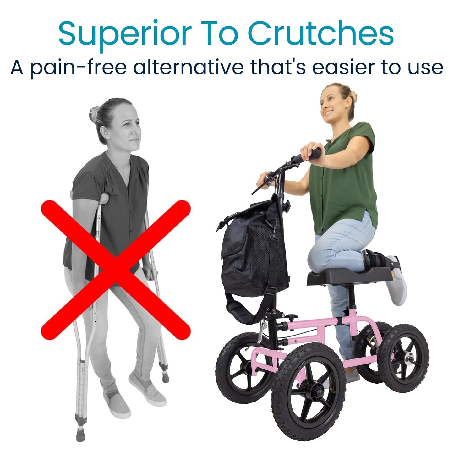 Vive Mobility All Terrain Knee Scooter Walker for Foot Injuries - Adult Broken Leg Crutch Cart Roller for Surgery, Broken Foot, Ankle Injury - Kneeling Rolling Steerable Seated Wheel Scooter Aid