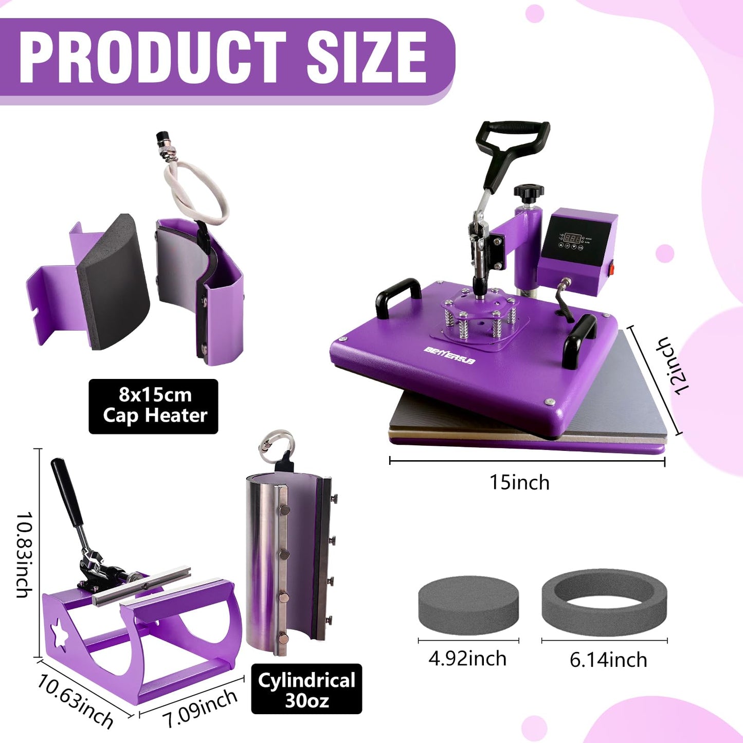 BetterSub 5 in 1 Heat Press Machine 12x15 inch, Industrial-Quality Sublimation Press with 30oz Tumbler Attachment & Curved Hat Plate, 360° Swivel Design for T-Shirts, Vinyl, DTF Film - Purple