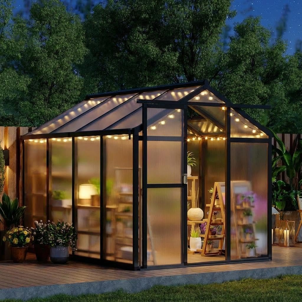 6x10 FT Greenhouse, Outdoor Sliding Door, Polycarbonate Greenhouse with Aluminum Frame, Lockable Door and Ajustable Roof Vent for Backyard, Outside Garden Backyard, Patio, Black