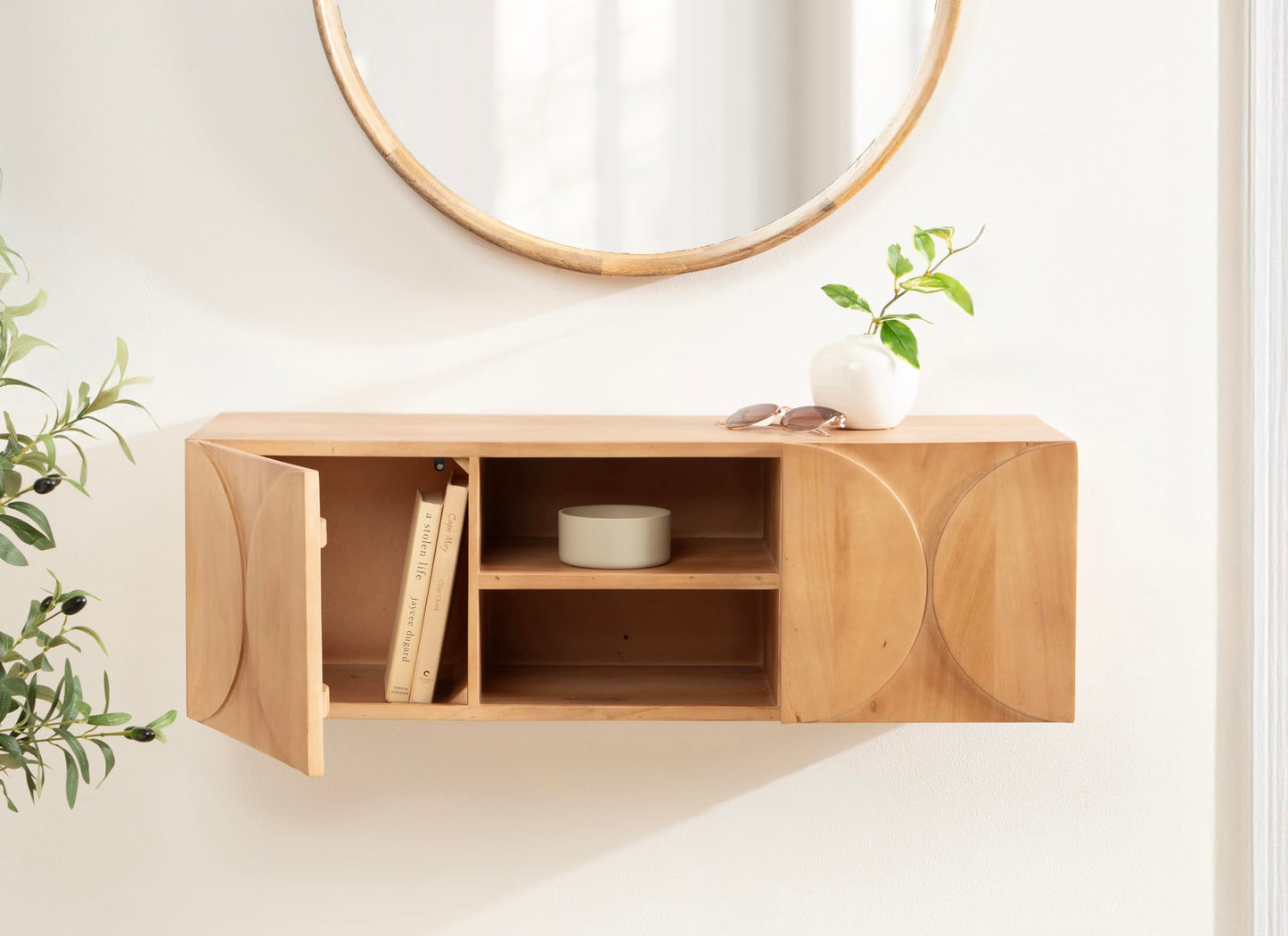 Kate and Laurel Townsend Modern Floating Media Cabinet, 36 x 12 x 12, Natural Wood, Decorative Geometric Floating Console Table with Storage for Use as Living Room Storage or Wall-Mounted Bar Cabinet