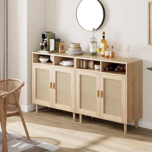 Garvee 2PCS 36" Modern Rattan Sideboard Cabinet - 2-Door Storage Buffet with Shelf, Boho TV Stand & Coffee Bar for Dining Room, Kitchen & Entryway