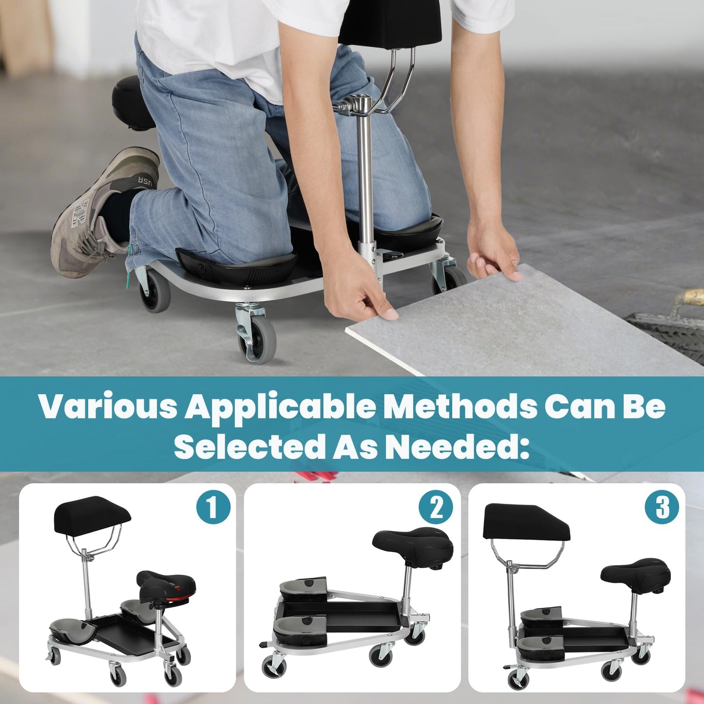Kneeling/Sitting Creeper With Chest Support And Rolling Knee Pads, Featuring 3" Casters And Brake,300-Pound Capacity,Equipped With A Tool Tray For Tiles, Parquet, Cleaning Or Other Floor Work