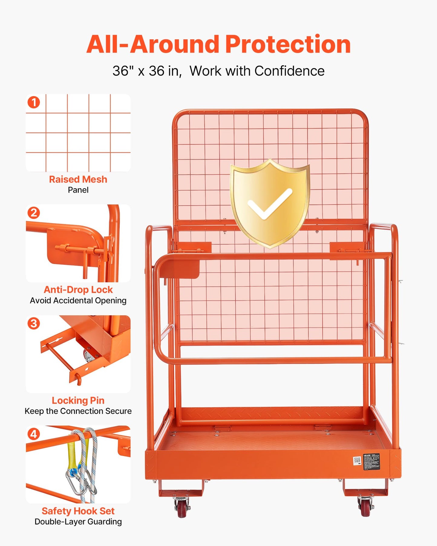 VEVOR Forklift Man Basket, 36.2 x 41.1 Inch Forklift Safety Cage with 4 Wheels, 1200 lbs Capacity, Heavy Duty Work Platform Collapsible Lift Basket, Safety Harness, for Aerial Work Lifting Loader