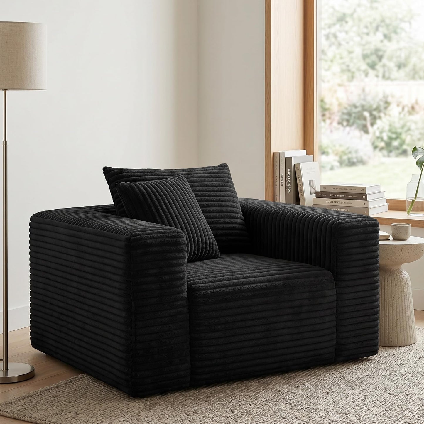 Trygoal Boneless Single Sofa Chair for Adult, Corduroy Cloud Lounge Chair with 2 Pillows & Wide Armrests, High-Density Foam Reading Couches for Living Room & Office, No Assembly Required, Black