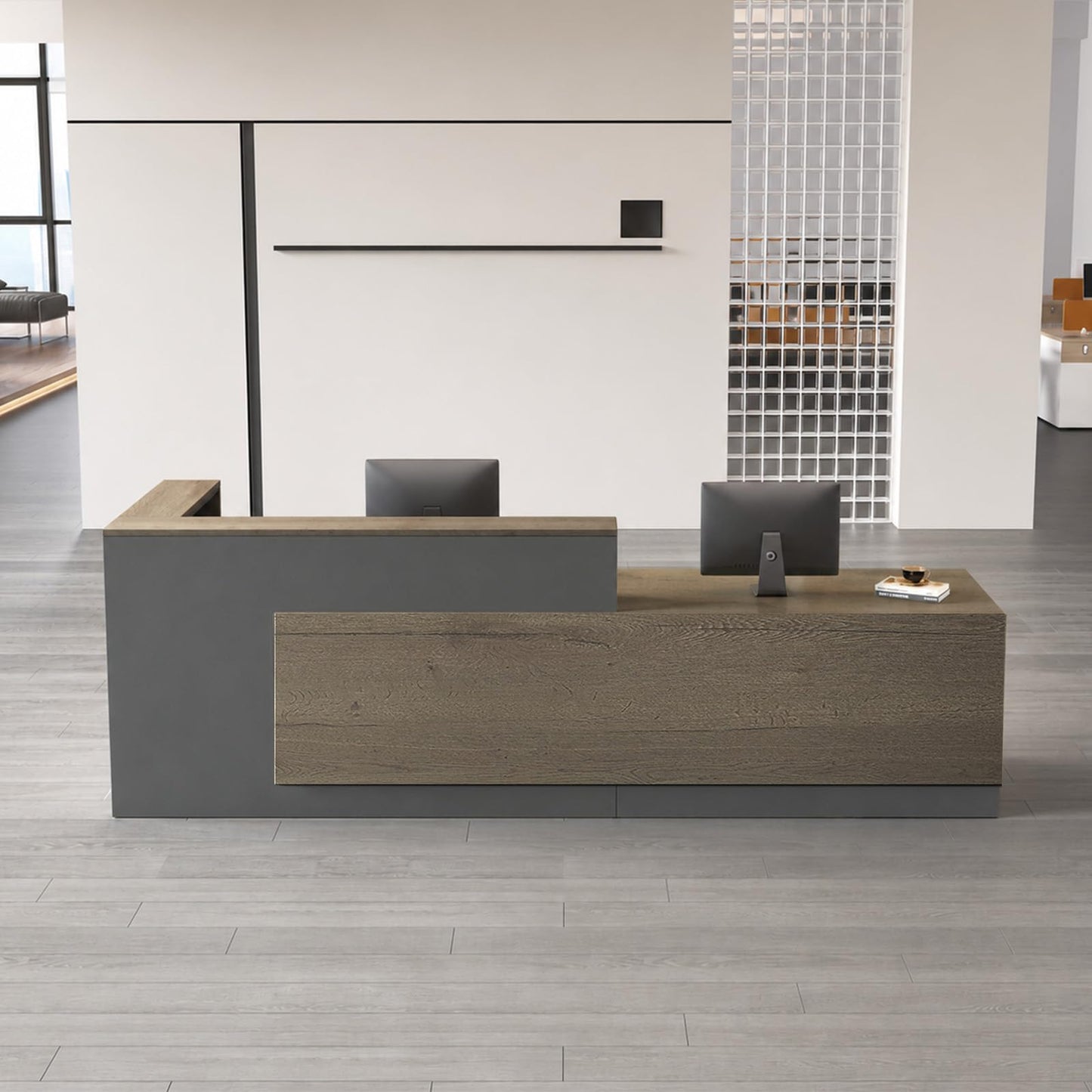 Nuipesn 79" Modern L-Shaped Reception Desk, Front Desk Counter with Drawer, Keyboard Tray and Storage Shelves, Right Layout, Tobacco Wood and Iron Gray