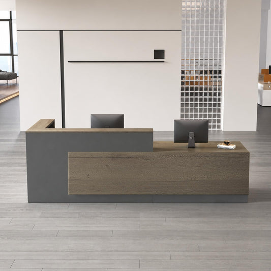 Nuipesn 79" Modern L-Shaped Reception Desk, Front Desk Counter with Drawer, Keyboard Tray and Storage Shelves, Right Layout, Tobacco Wood and Iron Gray