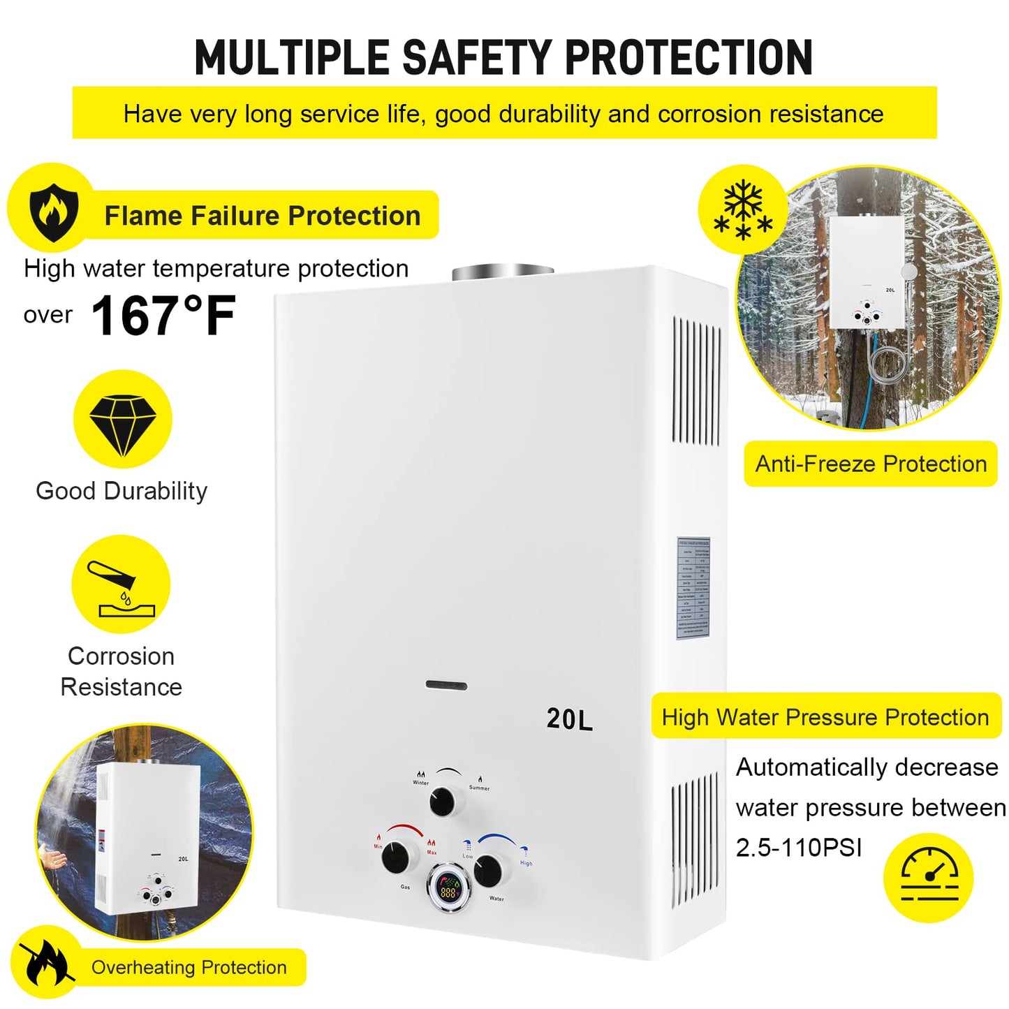 Tankless Water Heater Propane 5.26GPM 20L Outdoor Portable Gas Hot Water Heaters Instant Propane Water Heater with Digital Display Multi-Protection for Camping Trips Boat Cabins