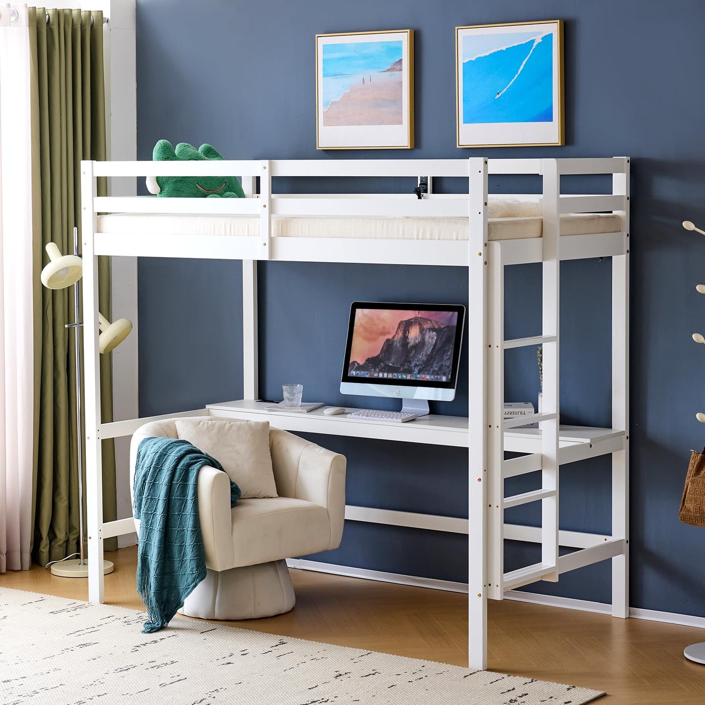 VINGLI Loft Bed with Desk, Wood Bunk Bed Twin Size with RGB LED for Adults, 2 Charging Station on High Guardrail and Desk,Wood Slat Support, White