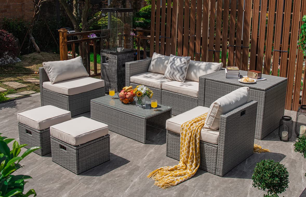 Tangkula 8 Piece Patio Wicker Furniture Set, Patiojoy Space Saving Outdoor PE Rattan Conversation Set with Storage Box & Waterproof Cover, Coffee Table, 2 Ottomans, 2 Armless Sofas & 2 Corner Sofas