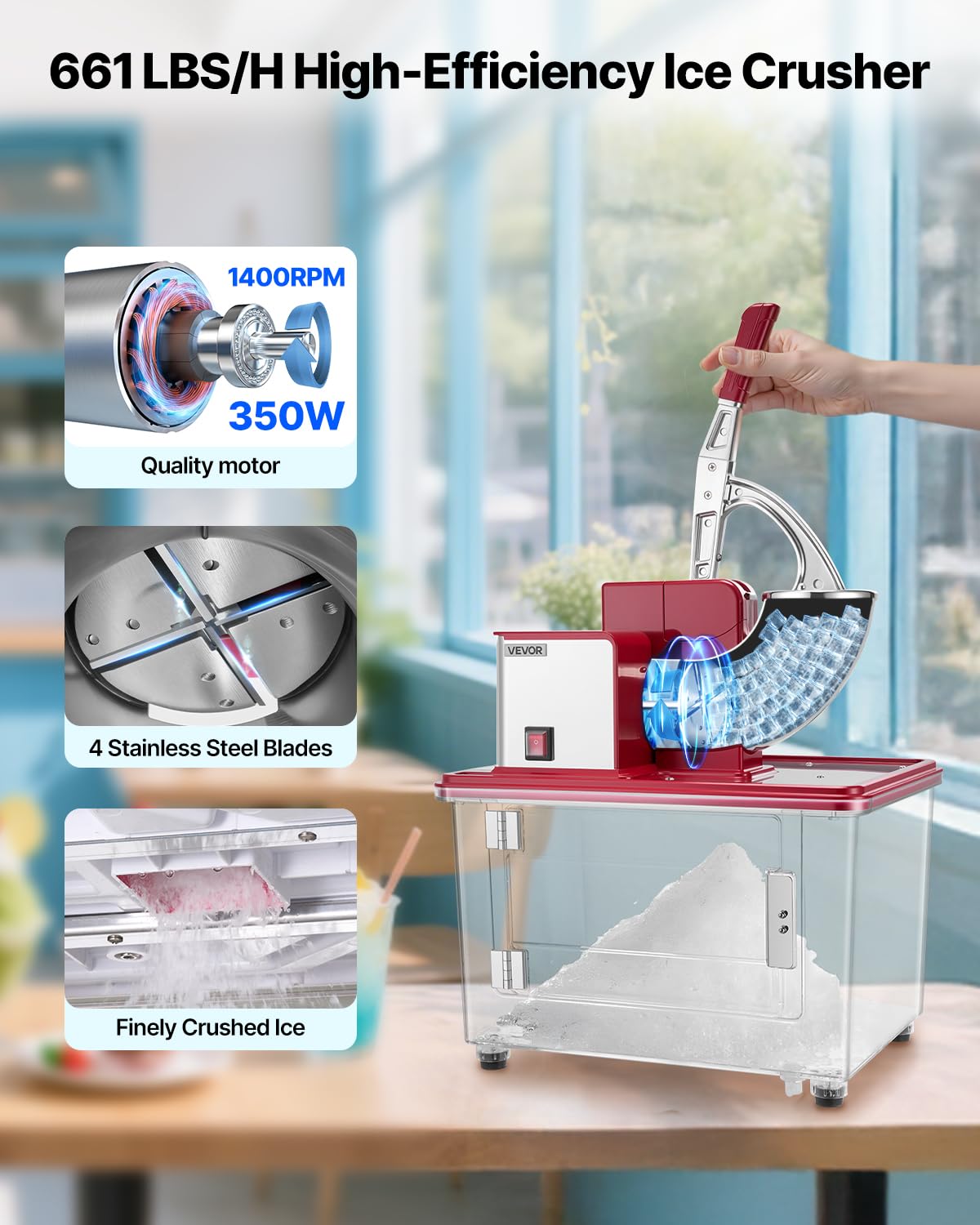 VEVOR Commercial Ice Crusher 661LBS/H, 350W Electric Snow Cone Machine with 4 Blades, 2000RPM Stainless Steel Shaved Ice Machine with 11 Gal Crushed-Ice Box, for Family Restaurants Bars, Red