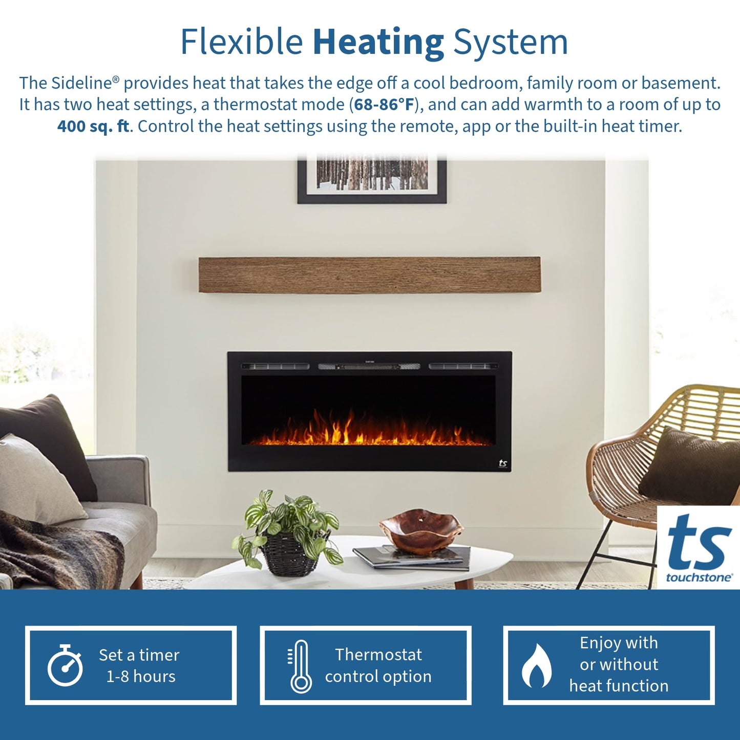 Touchstone Smart Electric Fireplace-The Sideline 50" Wide-in Wall Recessed - 30 Realistic Ember Color/Flame Options - 1,500W Heater w/Thermostat - Log & Crystal Hearth Options - Alexa/WiFi Enabled