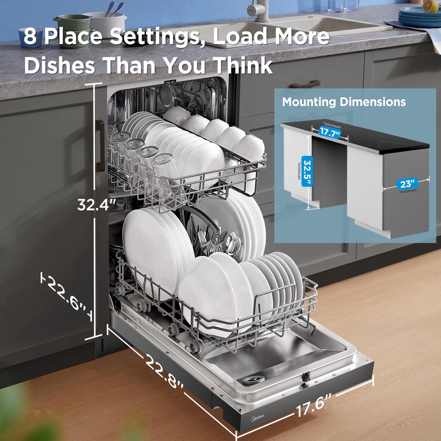 Midea 18 Inch Built-in Dishwasher, Slim Space-Saving Design with Stainless Steel Tub, 8 Place Settings & 6 Wash Cycles, Energy Star Certified Dishwasher with Heated Dry & High-Temp Wash, Black
