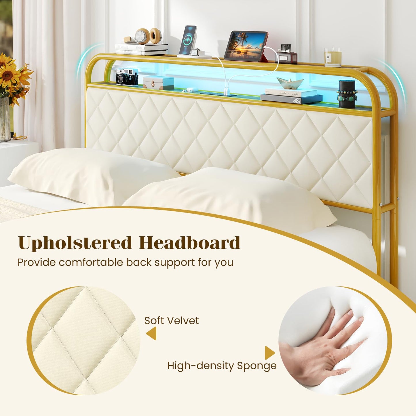 Giantex Queen Bed Frame with 4 Storage Drawers and Charging Station, Queen Size Platform Bed w/LED Lights & Linen Upholstered Headboard, No Box Spring Needed, Metal Queen Storage Bed, Gold & Beige