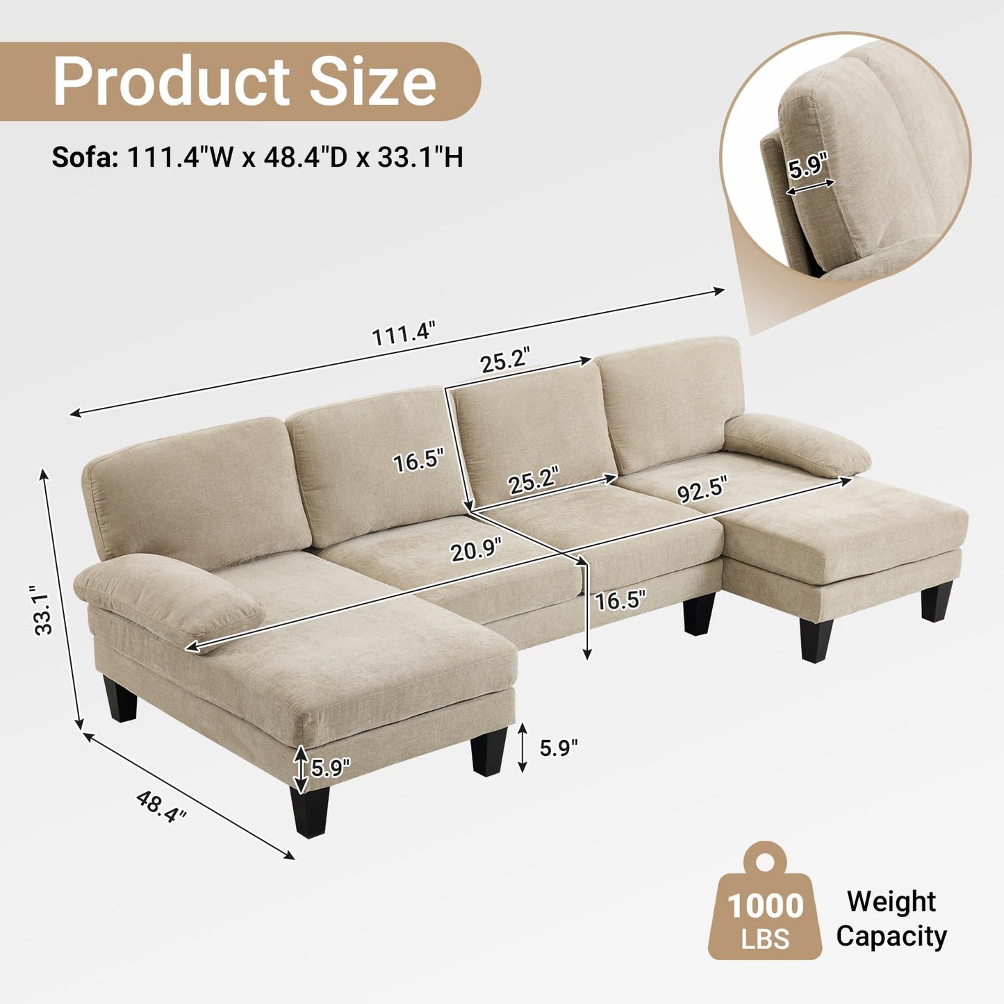 VINGLI 110" Sectional Couches for Living Room,U Shaped Couch with Double Chaise, 4-Seat Sofa Set with Chenille Fabric for Home Furniture,Light Khaki