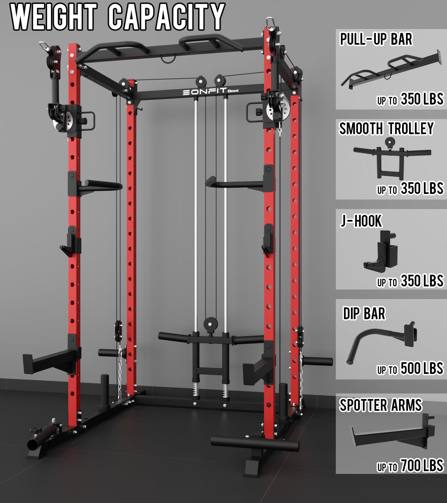 Eonfit E2 Power Cage with 3D Rotation Arms - Multi-Functional Power Rack for Home Gym. 1500lb Squat Rack for Home Gym. Pulley System for Cable Crossover & LAT Pulldown (RED, PRO)