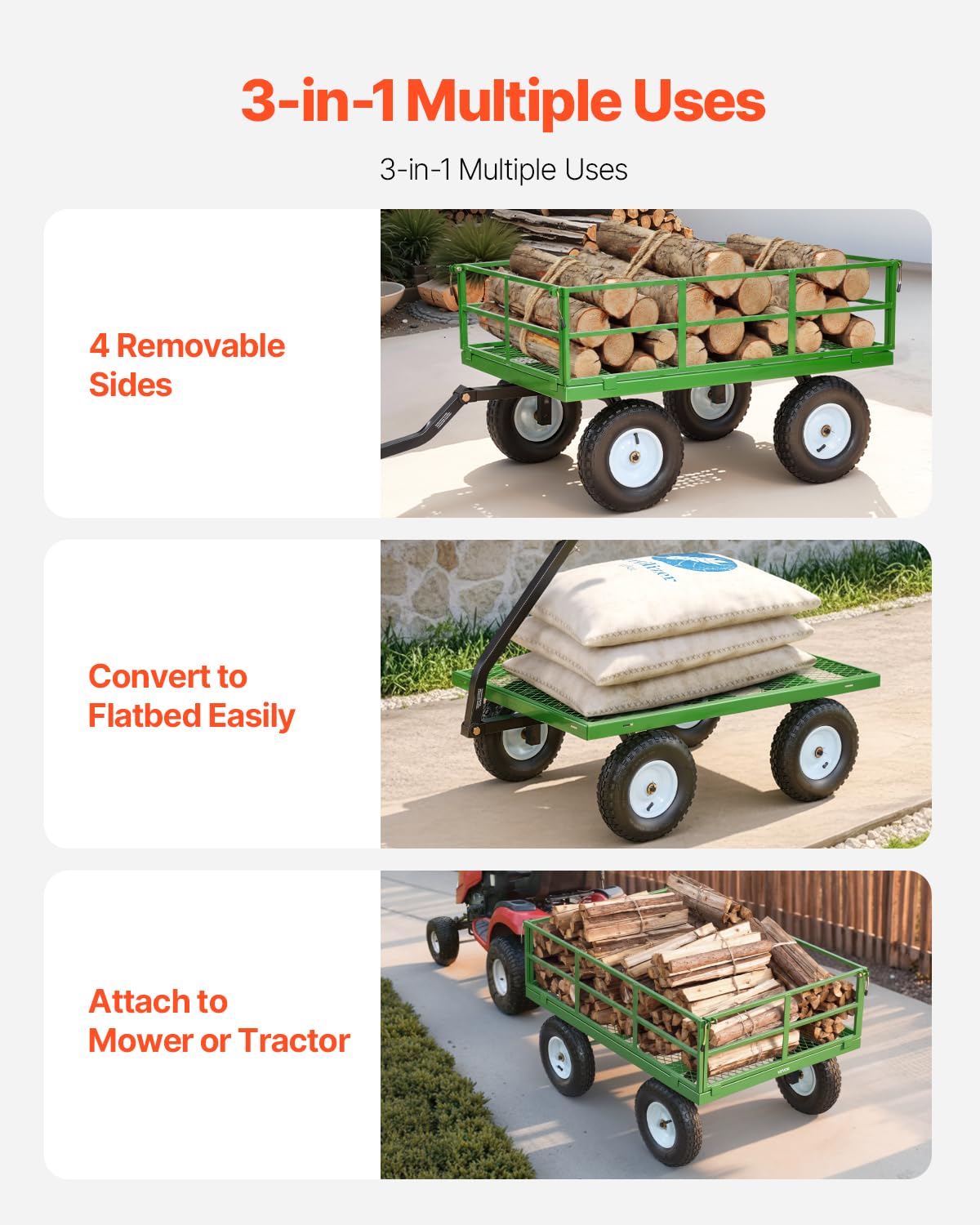 VEVOR Steel Garden Cart, 1200 lbs Heavy Duty Pullable Garden Wagon Yard Cart, 2 in 1 Outdoor Metal Utility Wagon Yard Trailer with 13" All Terrain Tires, Mesh Detachable Sides and 180° Rotating Handle