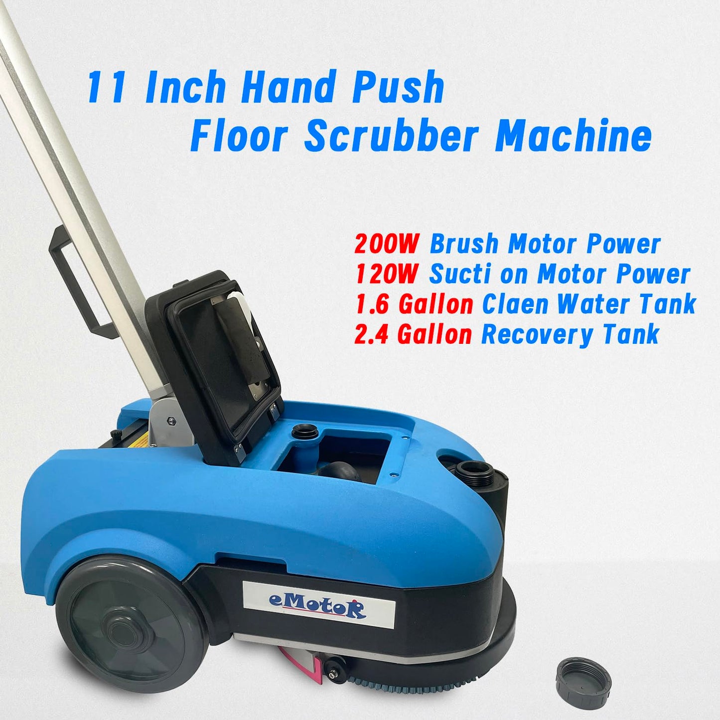 HiBuyer Emotor 11'' Walk Behind Floor Scrubber Machine, Powerful 200W Motor with 24V 12Ah Batttery Powered,180 Degree Rotation Brush(Push Forward/Backward) for Office Restaurant Kitchen
