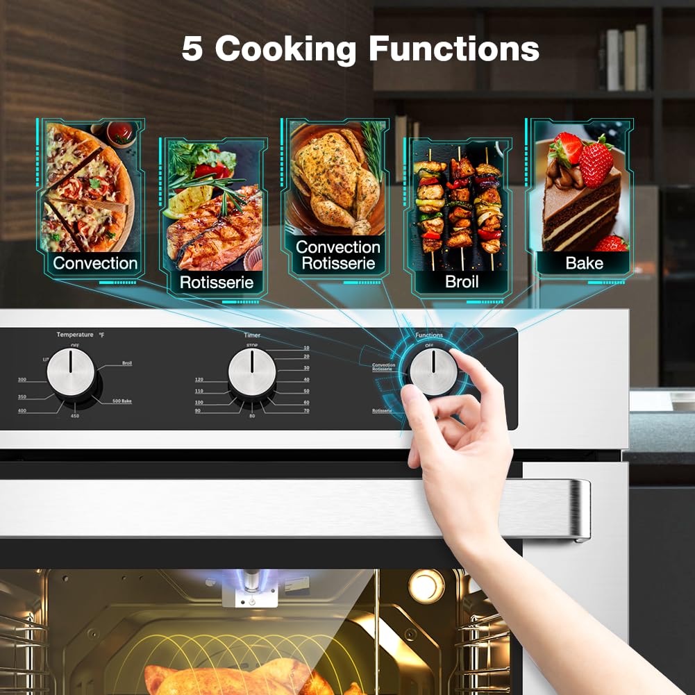 Thermomate 24" Gas Wall Oven, ETL Certified, 2.12 Cu.ft. Natural Gas with Bake Broil Rotisserie Functions, Timer and Convection Fan, 120V Cord Plug, Stainless Steel