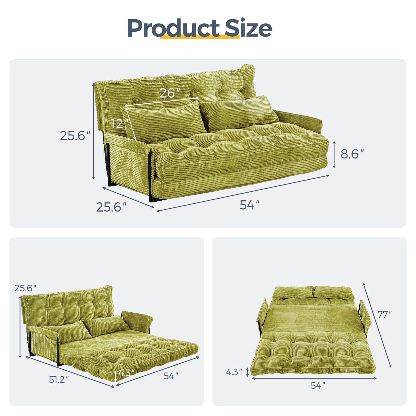 MAXYOYO Adjustable Floor Sofa Couch with 2 Pillows, Multi-Functional Bean Bag Bed, 5-Position Foldable Lazy Sofa Bed with Armrest, Versatile Floor Seating for Reading, Green, Double